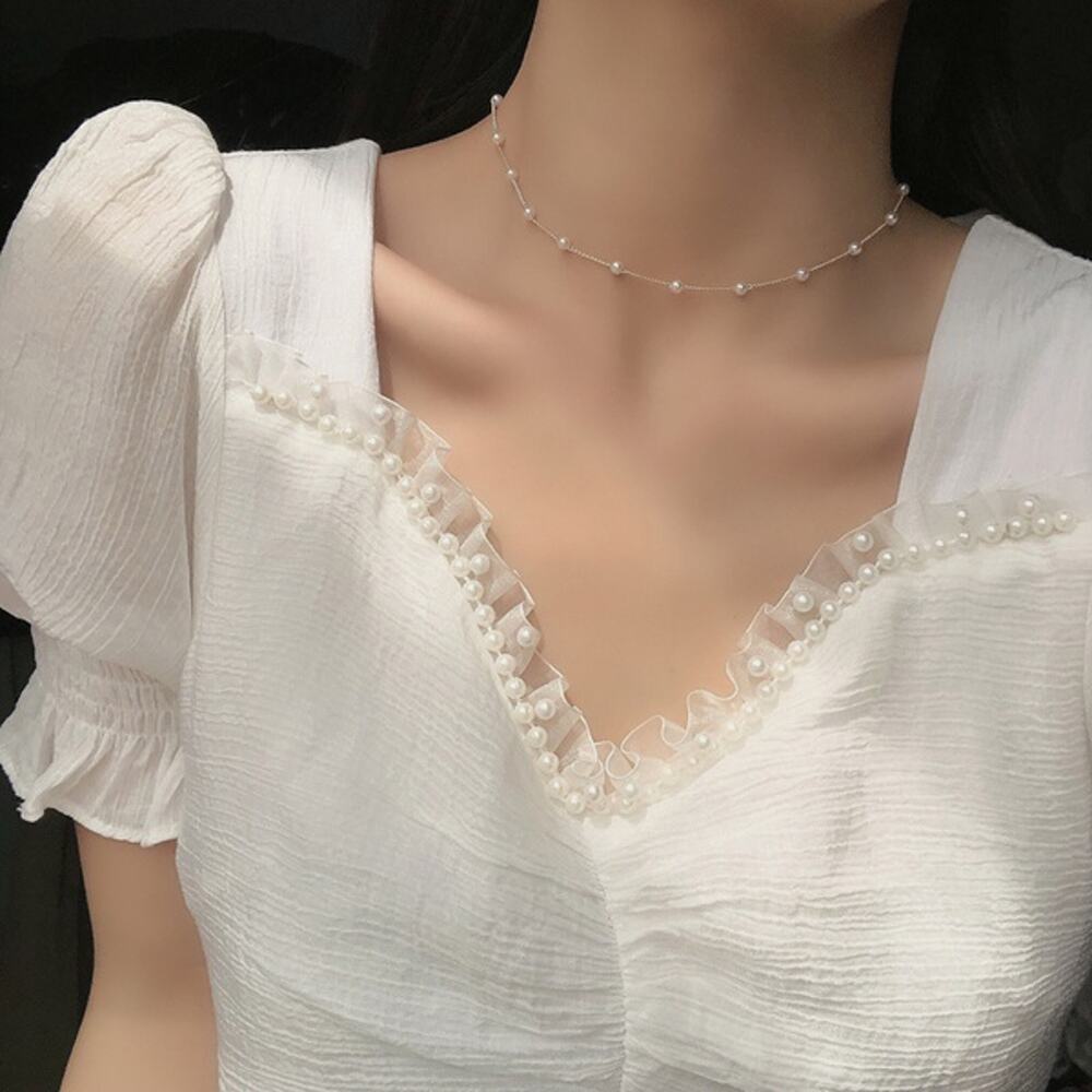 White Pearl Gold Link Choker Necklace Boho Festive Chic Classic‎